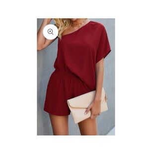 One-Shoulder Burgundy Romper with Elastic Waist